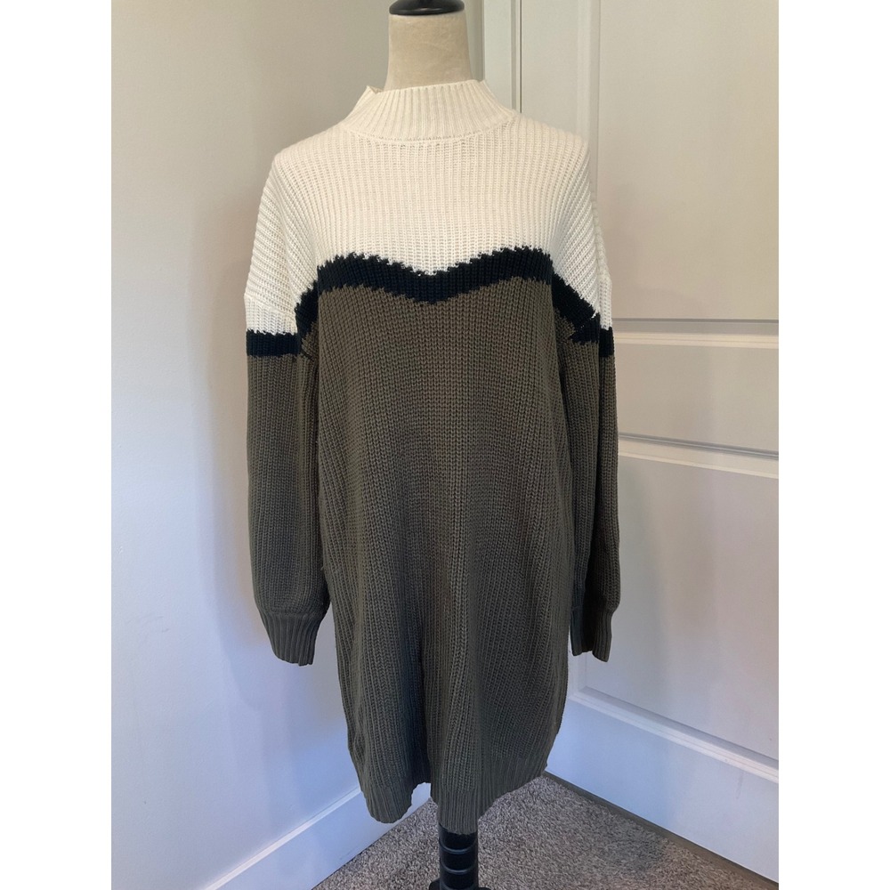 VICI Womens Colorblock Mock Neck Shaker Knit Sweater Dress Olive Cream Small